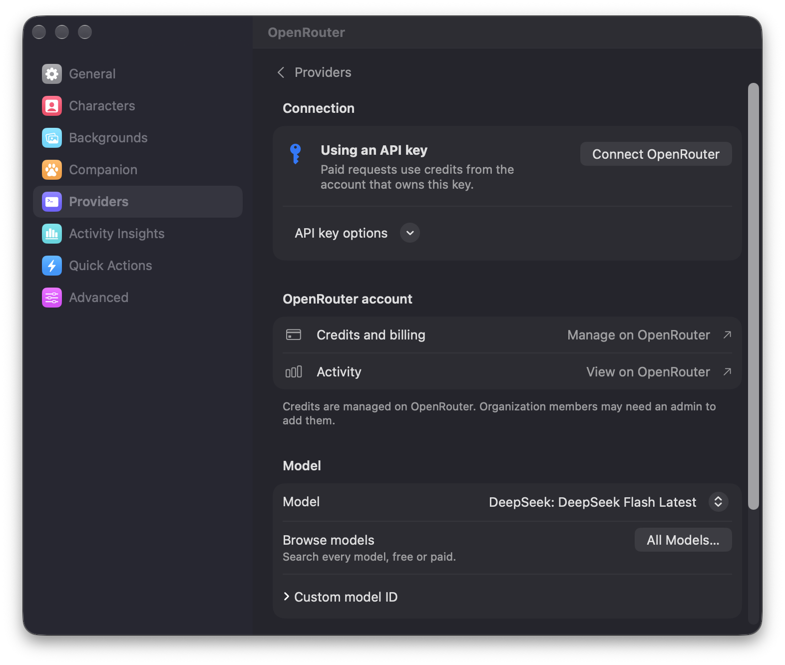 Cue’s OpenRouter settings with account connection and model browsing controls.