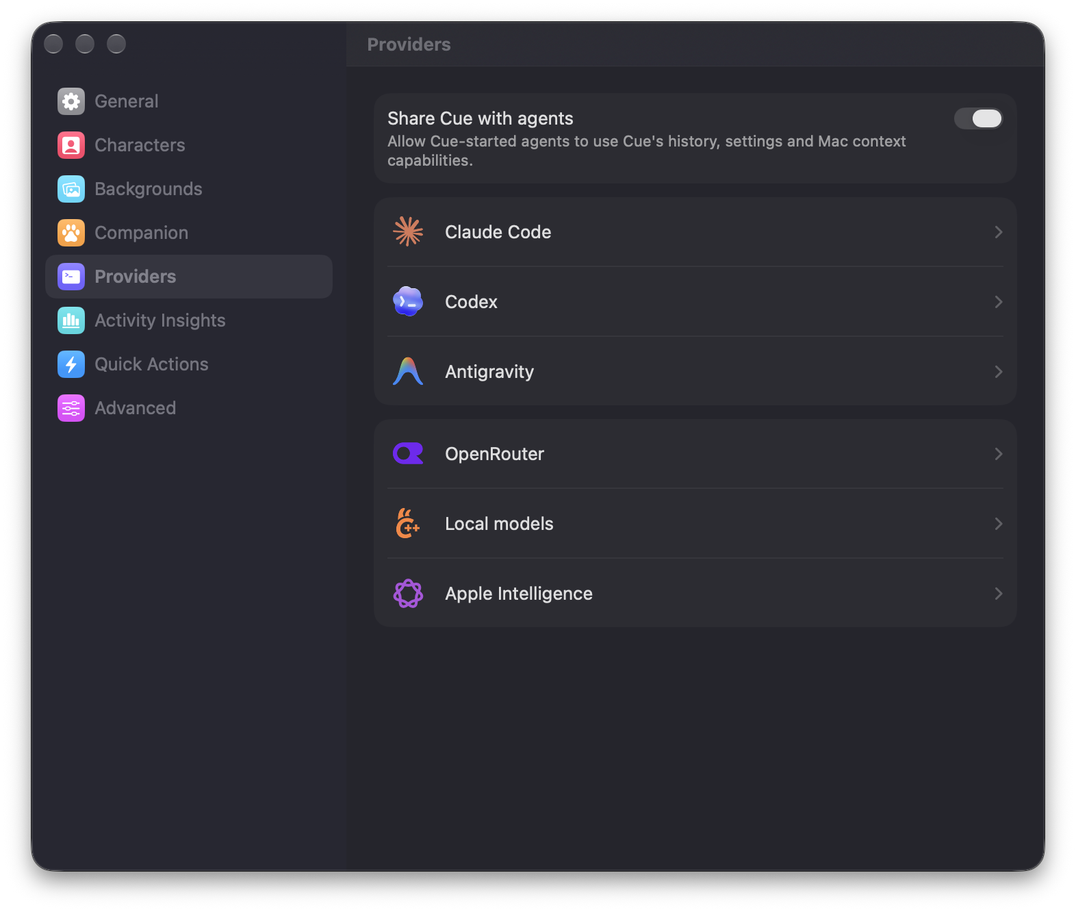 Cue for Mac Providers settings with Claude Code, Codex, Antigravity, OpenRouter, Local models, and Apple Intelligence in two groups.